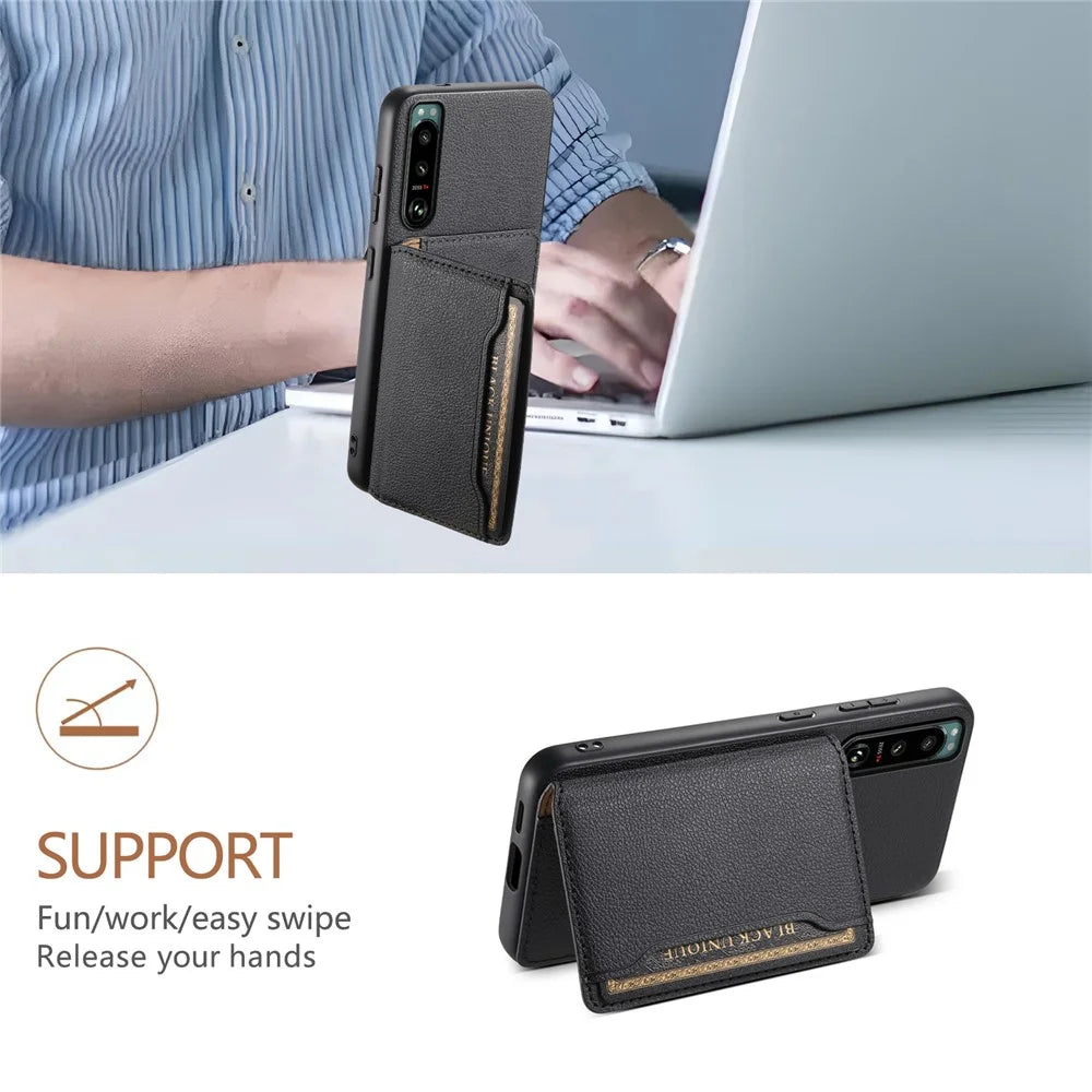 For Sony Xperia 5 III 5G Case Leather+PC+TPU Hybrid Phone Cover with Card Slots - Black - 5