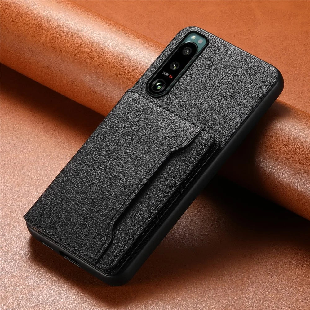 For Sony Xperia 5 III 5G Case Leather+PC+TPU Hybrid Phone Cover with Card Slots - Black - 6