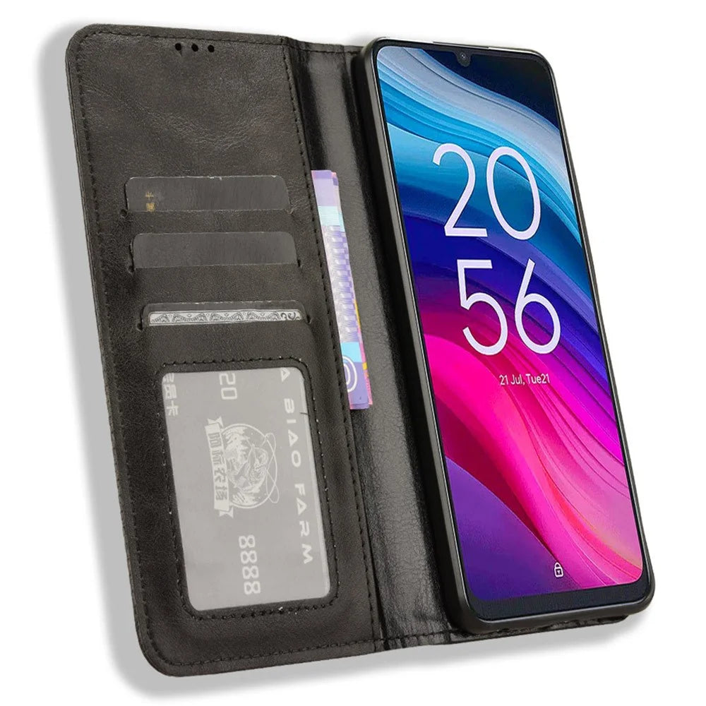 For TCL 50 SE PU Leather Phone Stand Case Retro Texture Stand Magnetic Phone Cover - Black - 2