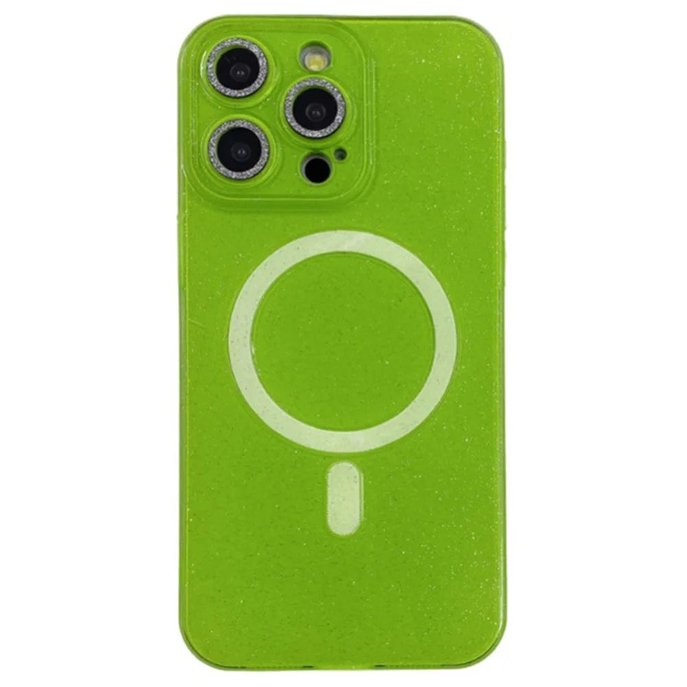 For iPhone 14 Pro TPU Phone Cover Cell Phone Case Compatible with MagSafe Shiny Glitter - Fluorescent Green - 1