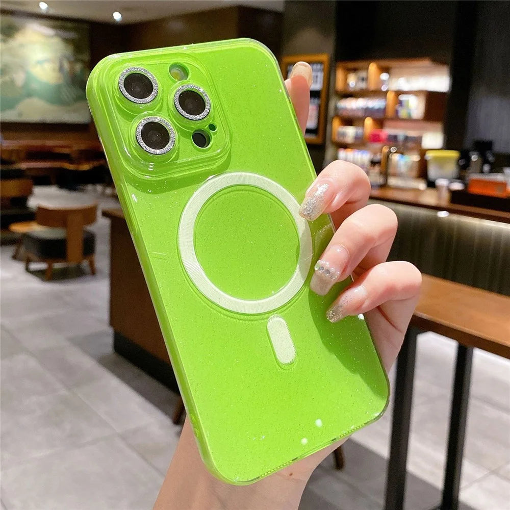 For iPhone 14 Pro TPU Phone Cover Cell Phone Case Compatible with MagSafe Shiny Glitter - Fluorescent Green - 2