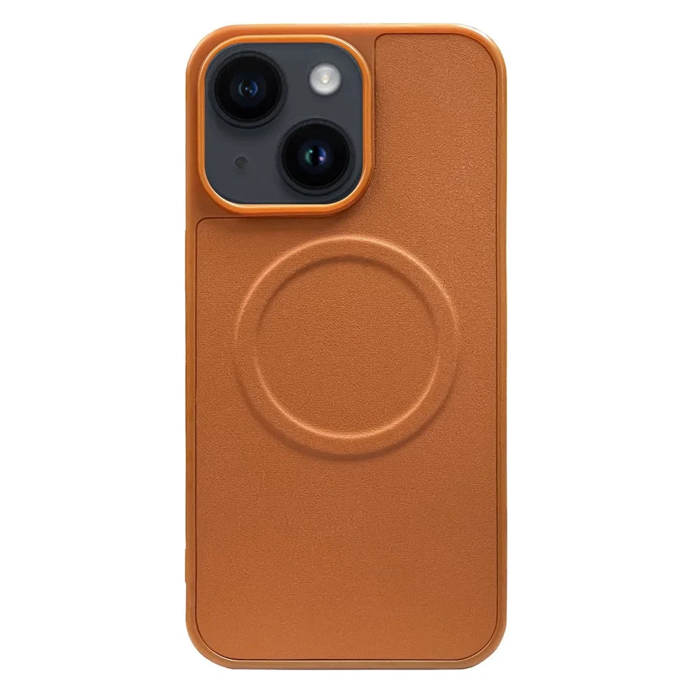 For iPhone 15 Plus Case PU Leather Coated TPU Protective Magnetic Phone Cover - Brown - 1