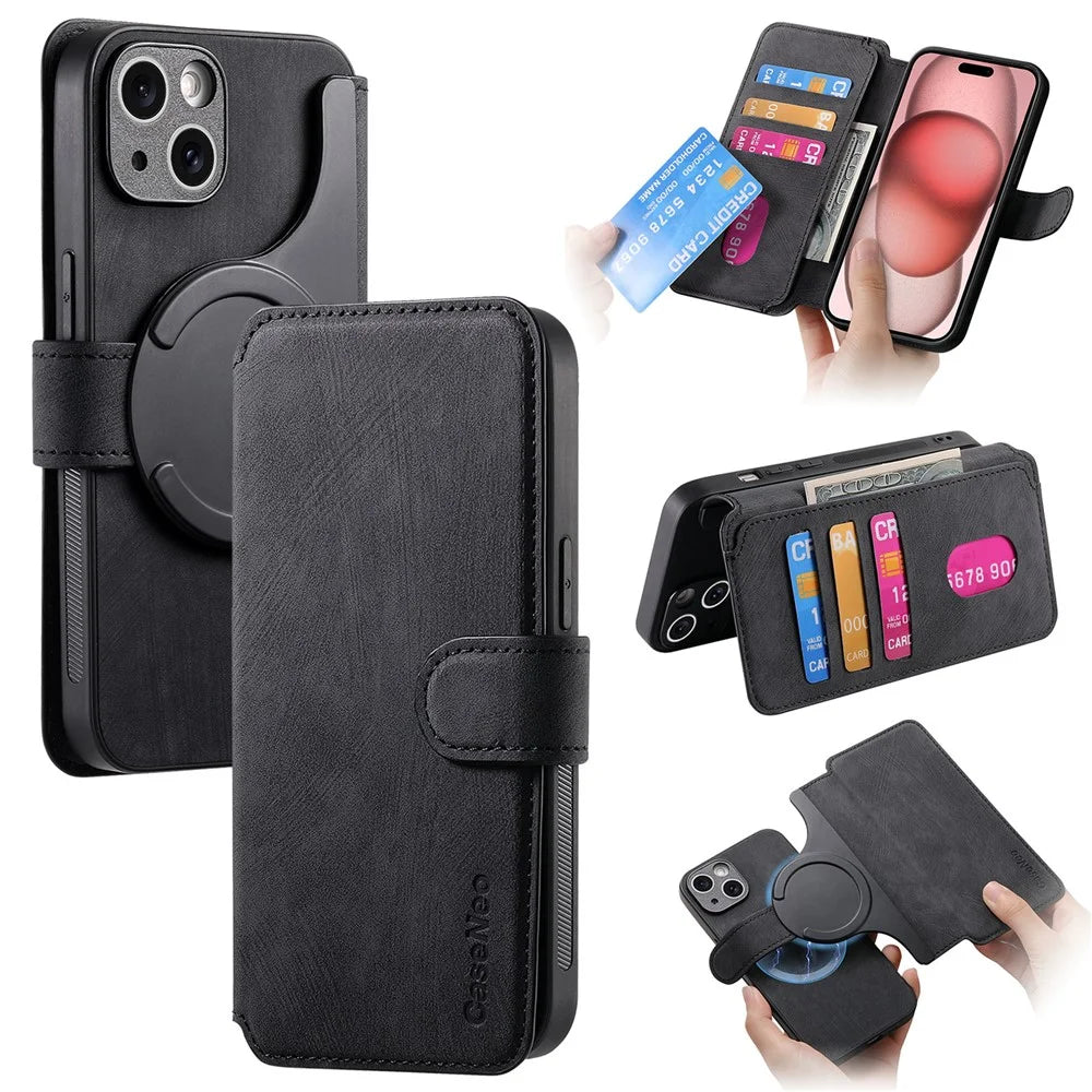 For iPhone 15 Magnetic Case CASENEO Detachable Leather Phone Wallet Cover - Black - 1