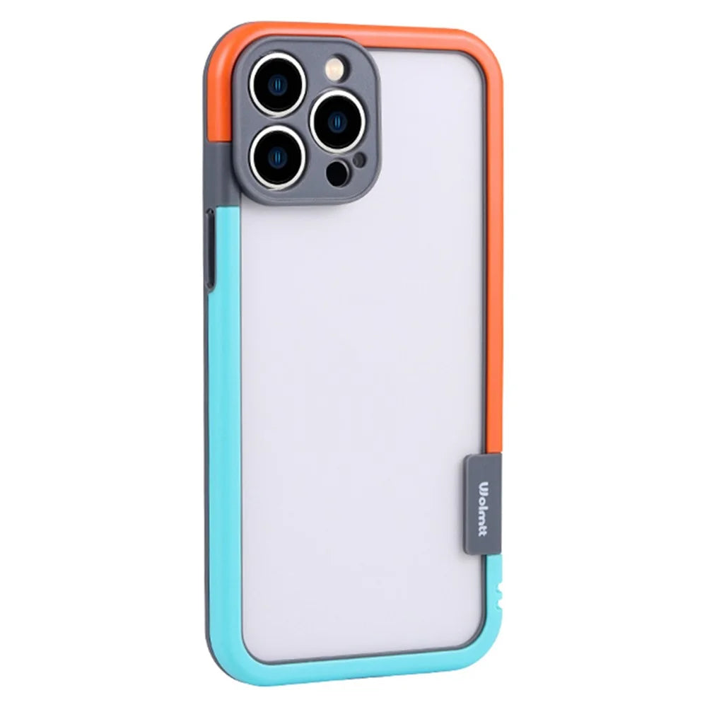 WOLMTT For iPhone 13 Pro Max 6.7 inch Case Dual Color Frame PC+TPU Anti-scratch Phone Cover - Blue+Orange - 1