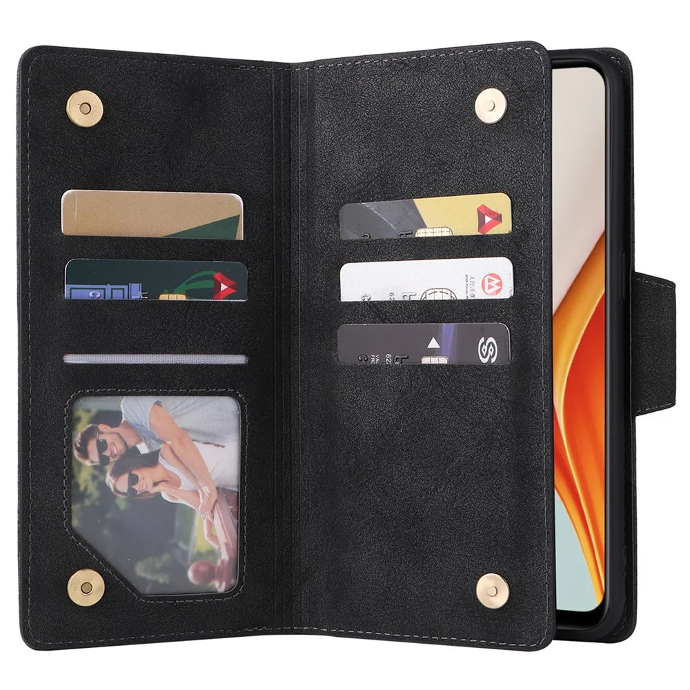 For OnePlus Nord N100 Case Zipper Pocket PU Leather Stand Rivet Decor Phone Cover - Black - 2