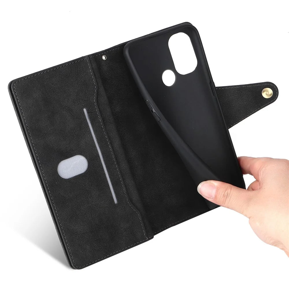 For OnePlus Nord N100 Case Zipper Pocket PU Leather Stand Rivet Decor Phone Cover - Black - 6