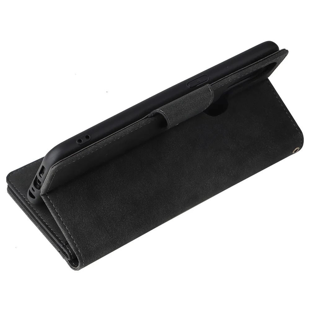 For OnePlus Nord N100 Case Zipper Pocket PU Leather Stand Rivet Decor Phone Cover - Black - 7
