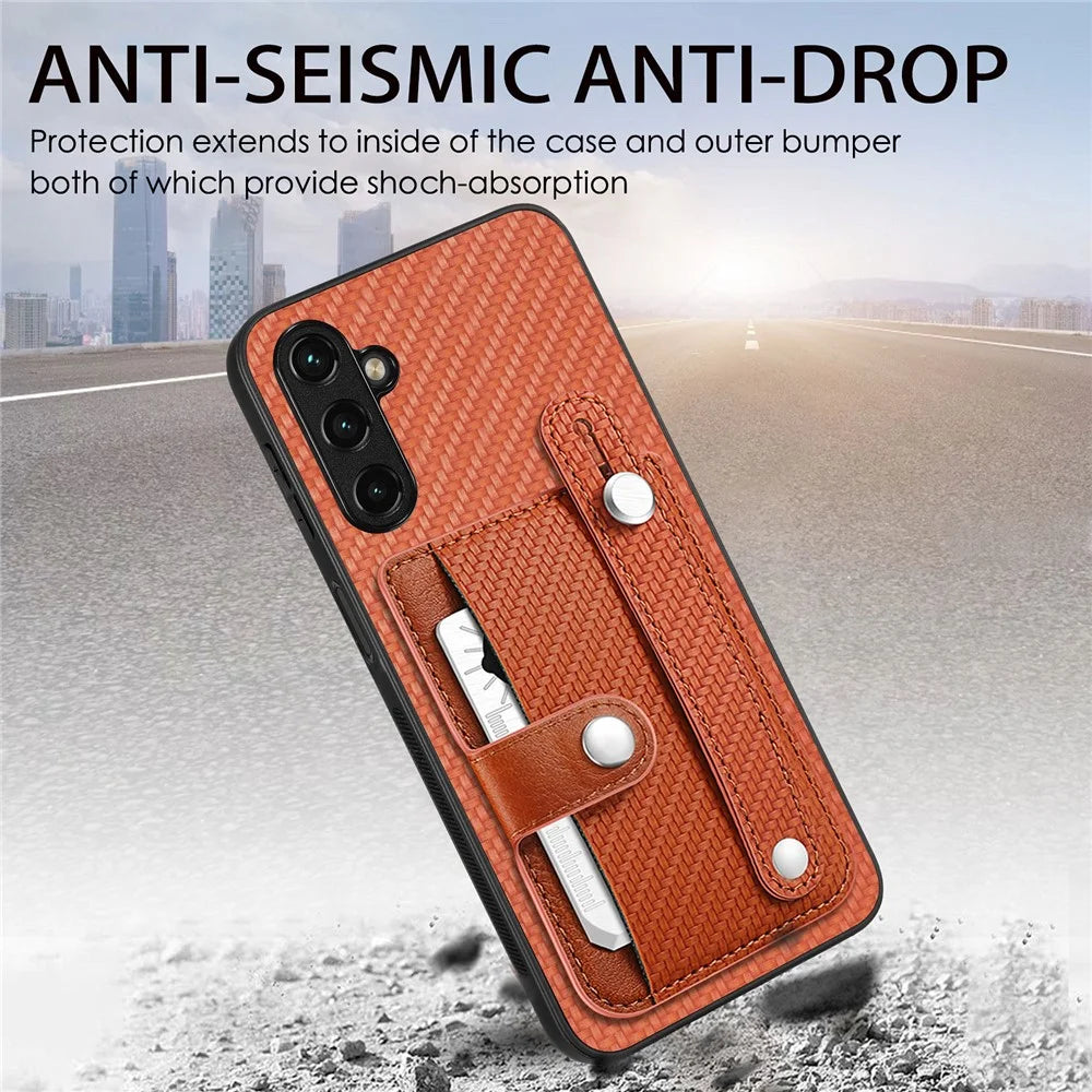C1-01 For Samsung Galaxy A34 5G Wristband Design Card Holder Leather Coating Phone Cover - Green - 5