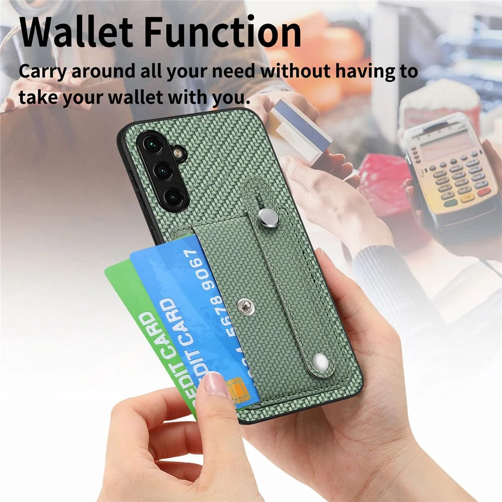 C1-01 For Samsung Galaxy A34 5G Wristband Design Card Holder Leather Coating Phone Cover - Green - 7