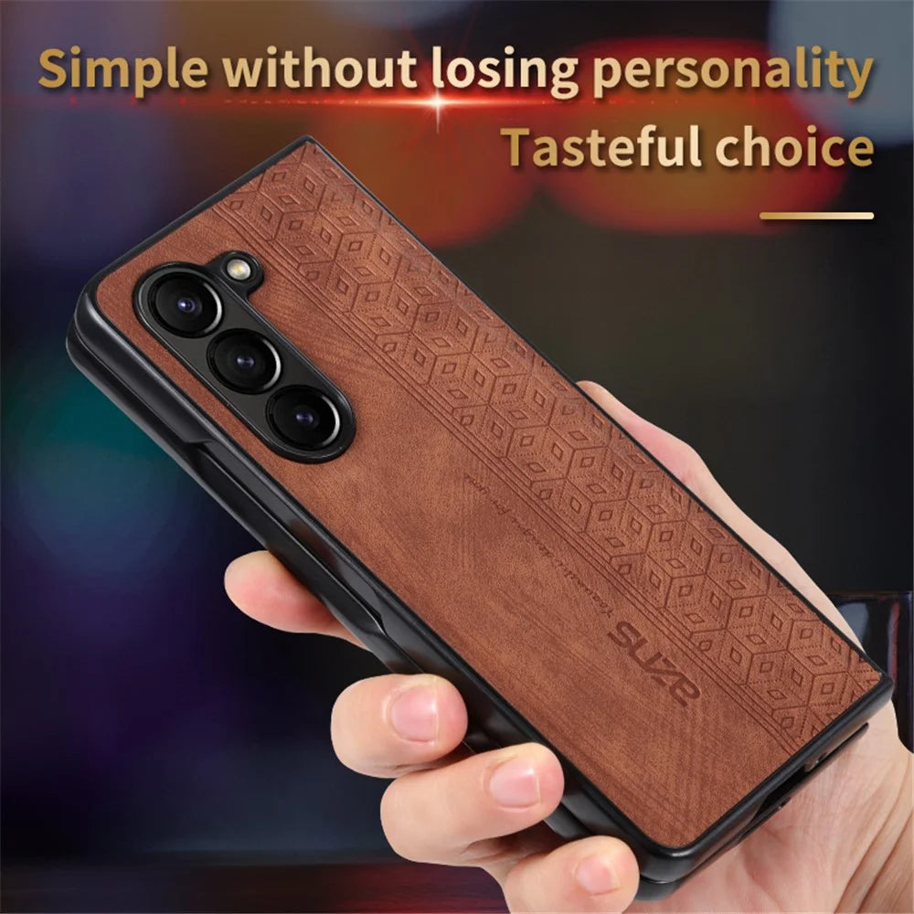AZNS For Samsung Galaxy Z Fold6 5G Case PU Leather+Hard PC Non-Slip Grip Phone Cover - Brown - 2