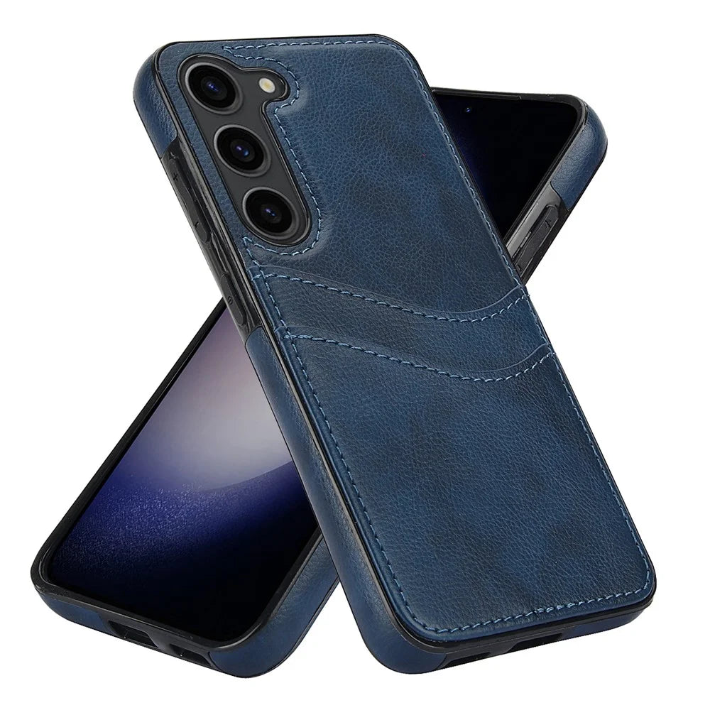 For Samsung Galaxy S23 Phone Protector Card Slot Cell Phone Case Slim-Fit PU+TPU Cover - Blue - 6