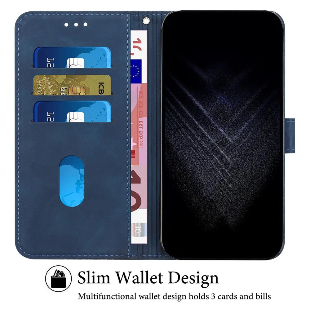 For iPhone 14 Pro Max Anti-Scratch Cover 7-Shape Imprinted Pattern PU Leather Phone Case Wallet - Dark Blue - 2