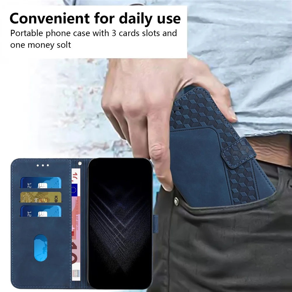 For iPhone 14 Pro Max Anti-Scratch Cover 7-Shape Imprinted Pattern PU Leather Phone Case Wallet - Dark Blue - 4