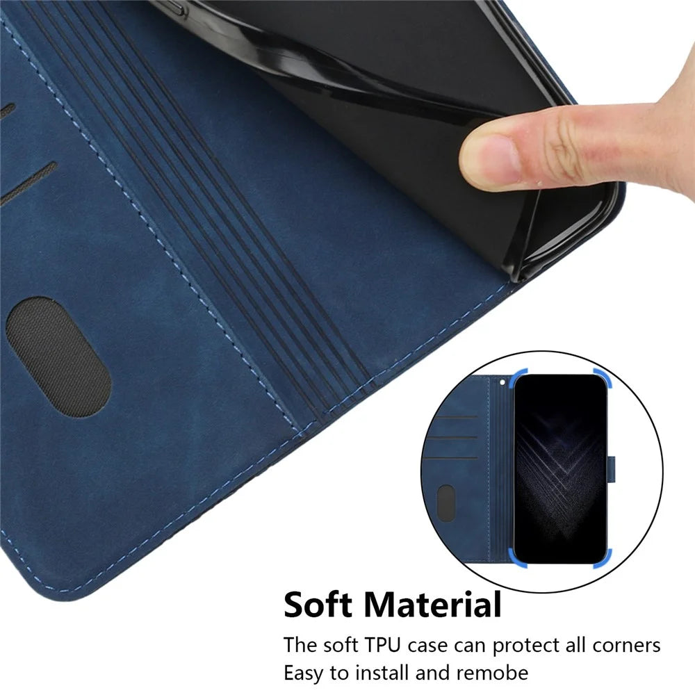 For iPhone 14 Pro Max Anti-Scratch Cover 7-Shape Imprinted Pattern PU Leather Phone Case Wallet - Dark Blue - 7