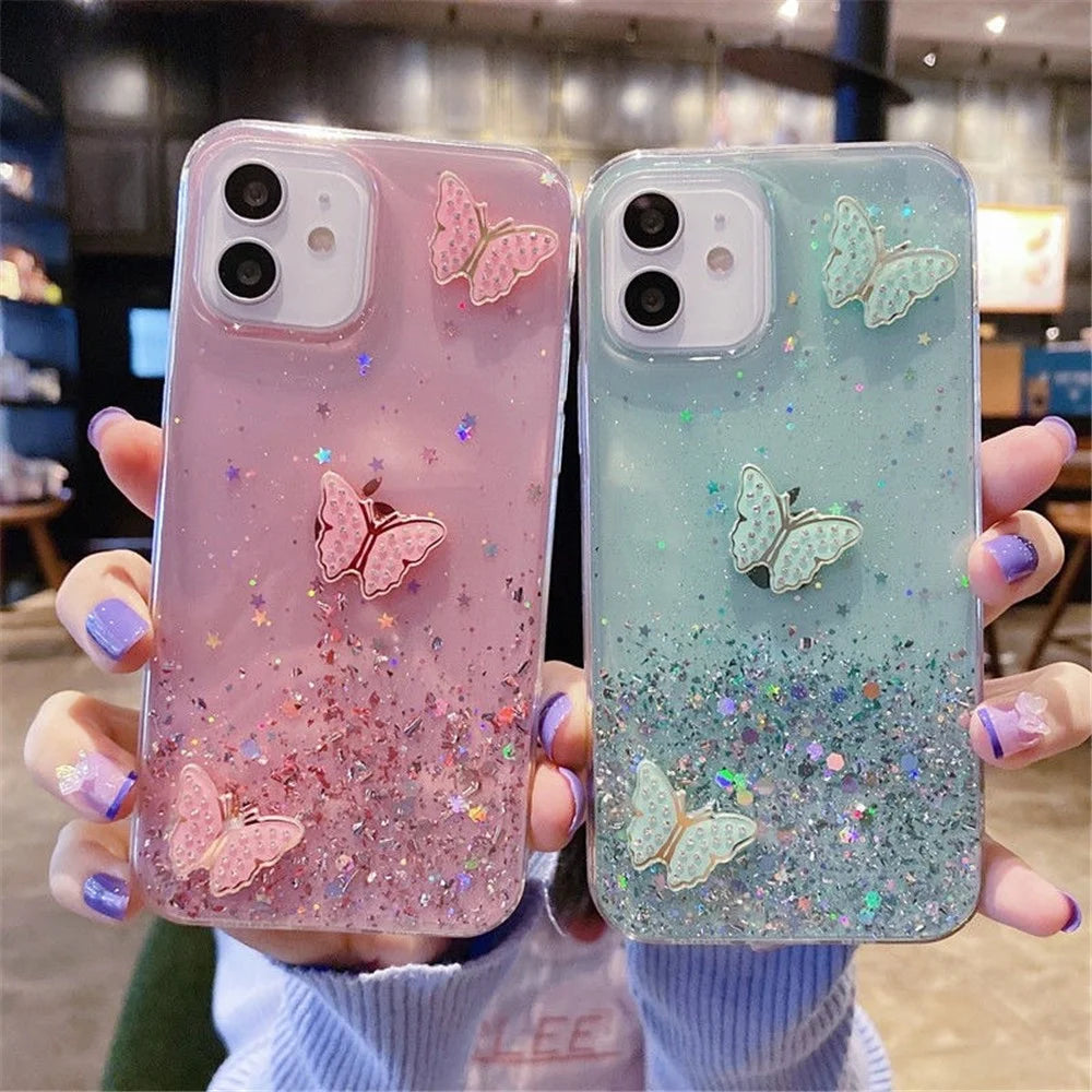 For iPhone 11 Case TPU Phone Protective Cover Sequins Epoxy Butterfly Design - Green - 2