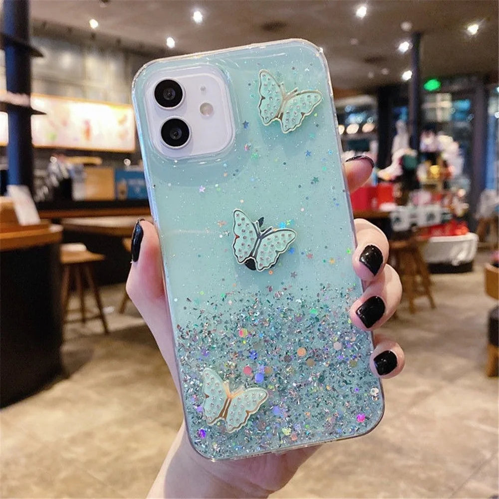 For iPhone 12 Cover Sequins Decor Epoxy Butterfly TPU Phone Case - Green - 1