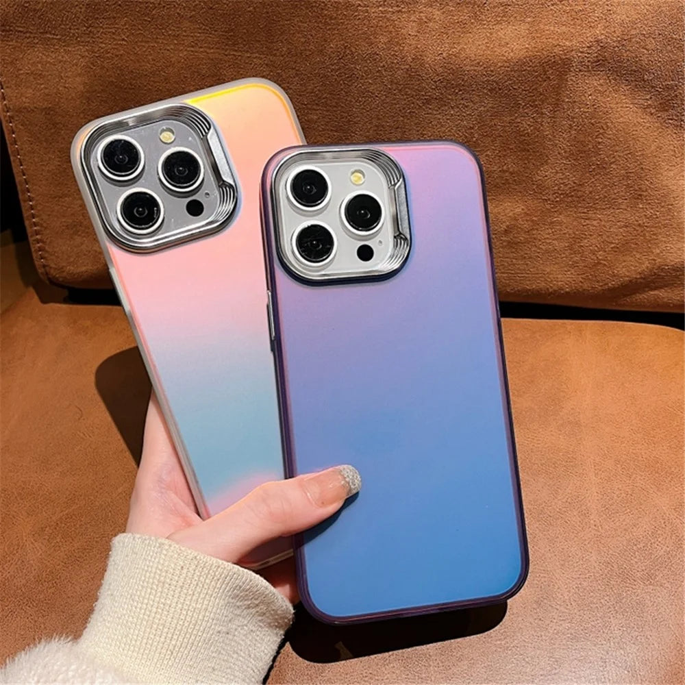 For iPhone 13 Pro Max Case Laser Effect Gradient PC+TPU Phone Cover Electroplating Lens Frame - Peacock Blue - 5