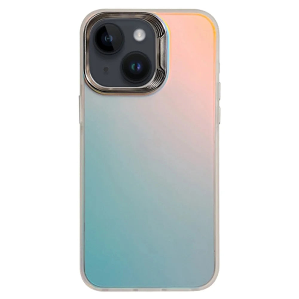 For iPhone 15 Plus Gradient Case Electroplating Lens Frame Laser Effect PC+TPU Phone Cover - Silver White - 1