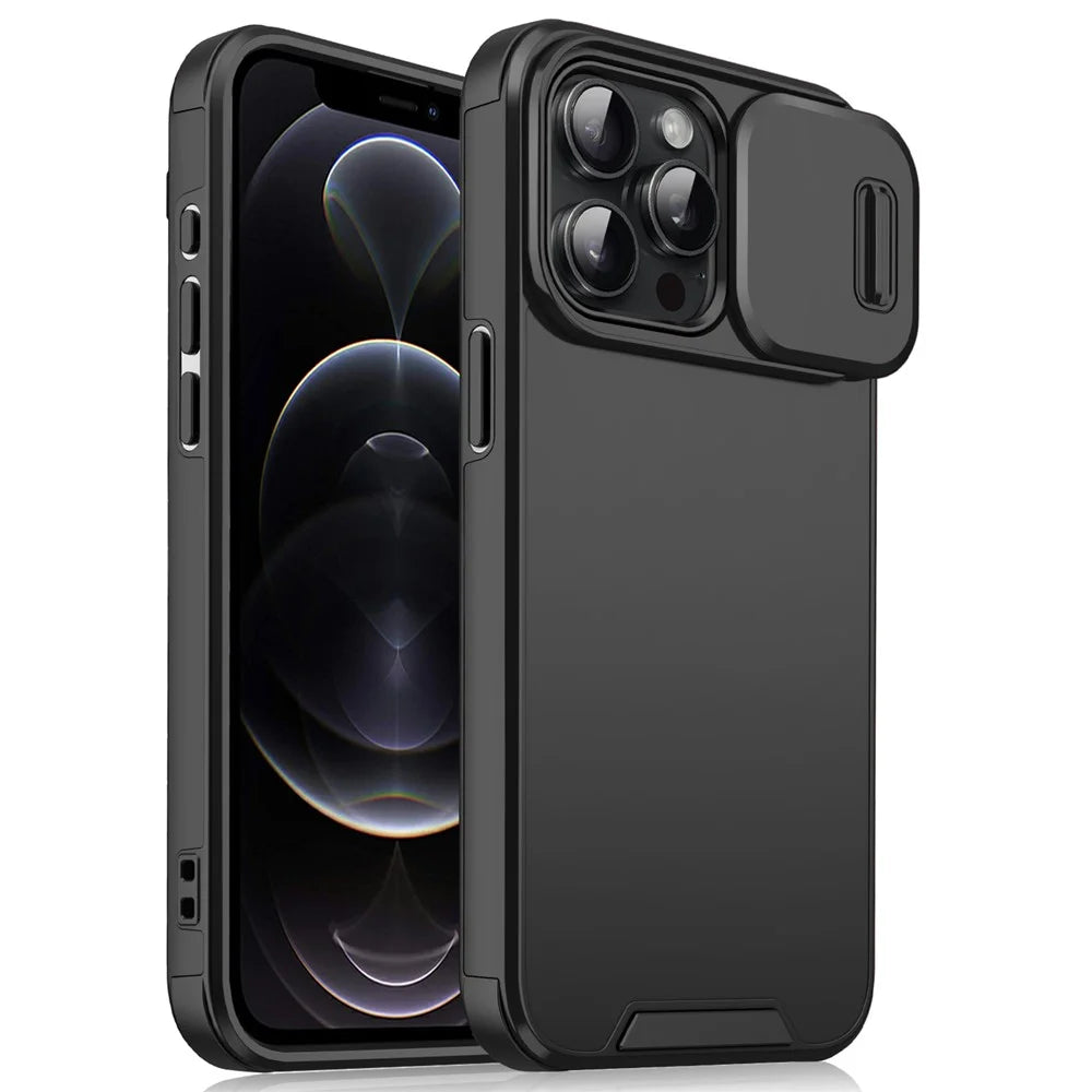 For iPhone 12 Pro Max Case PC+TPU Scratch Resistant Phone Cover with Slide Camera Guard - Black - 1