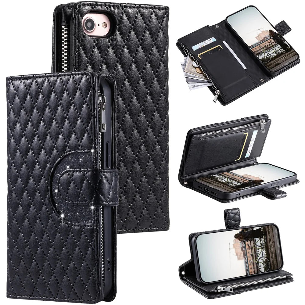Style 012 for iPhone 7 / 8 / SE (2020) / SE (2022) Leather Case Rhombus Glitter Zipper Wallet Phone Cover - Black - 1