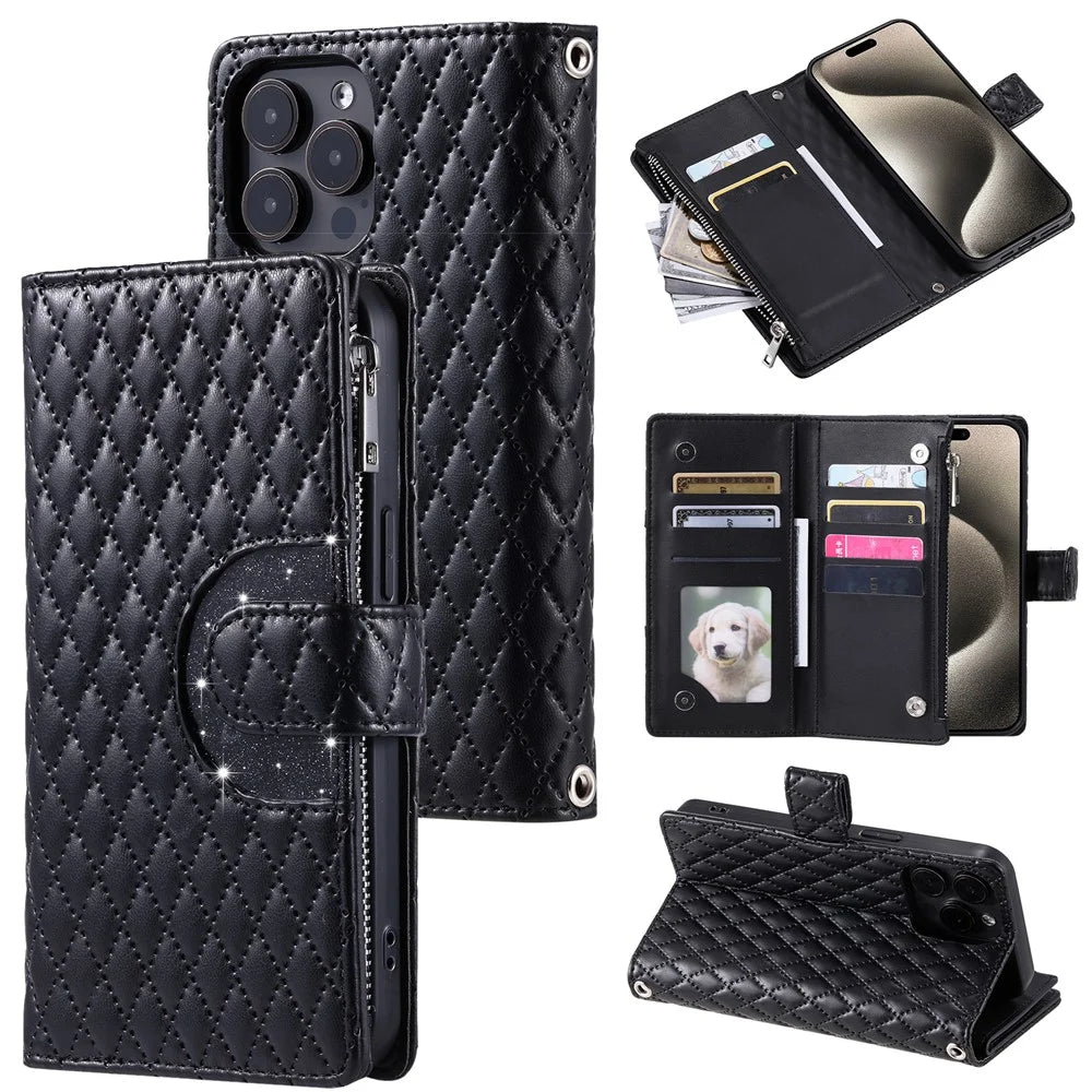 Style 012 for iPhone 13 Pro Max Wallet Case Zipper Pocket PU Leather Rhombus Phone Cover - Black - 1