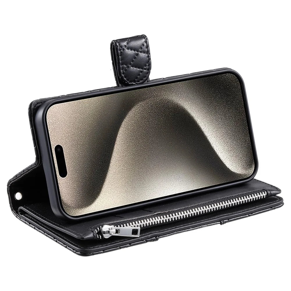 Style 012 for iPhone 13 Pro Max Wallet Case Zipper Pocket PU Leather Rhombus Phone Cover - Black - 4