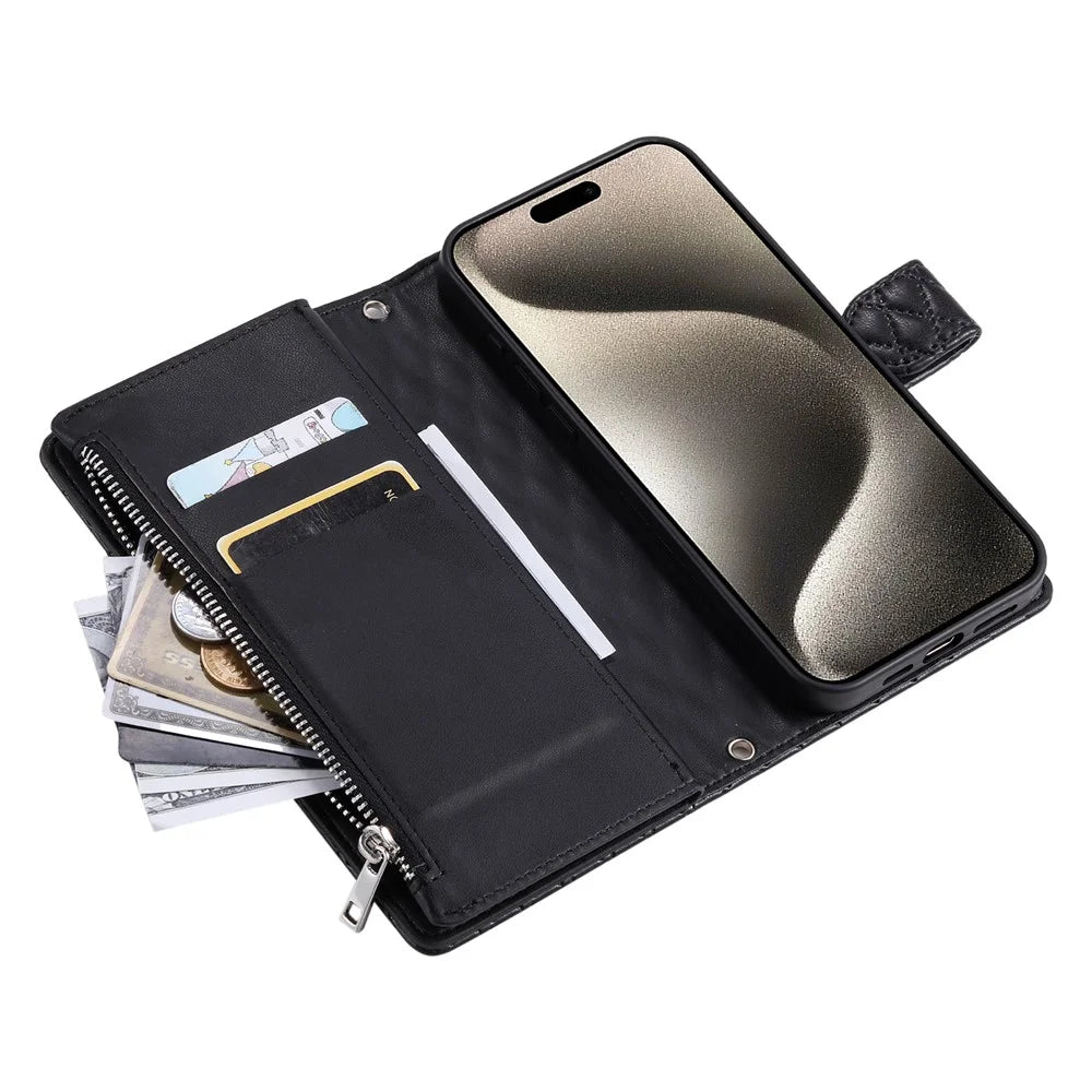 Style 012 for iPhone 13 Pro Max Wallet Case Zipper Pocket PU Leather Rhombus Phone Cover - Black - 5