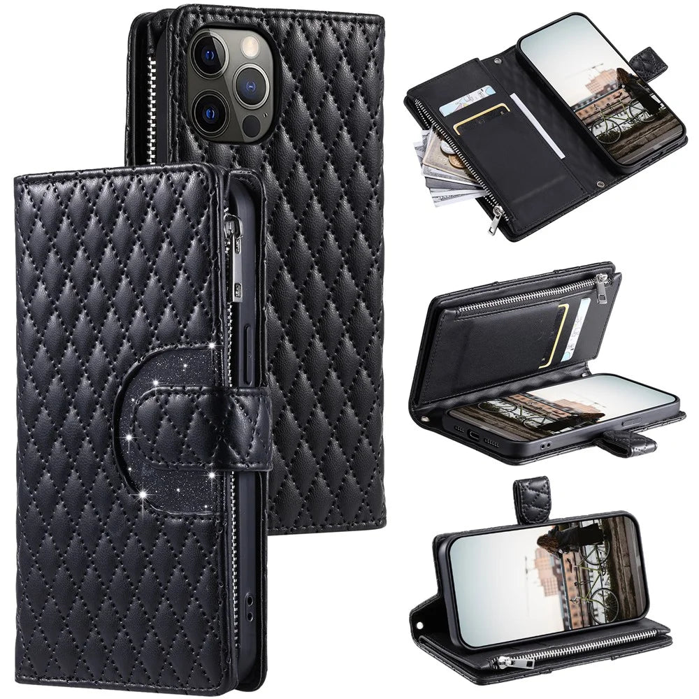 Style 012 for iPhone 12 / 12 Pro Leather Case with Strap Zipper Pocket Wallet Rhombus Phone Cover - Black - 1