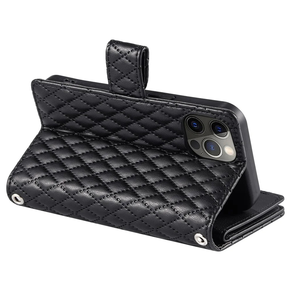 Style 012 for iPhone 12 / 12 Pro Leather Case with Strap Zipper Pocket Wallet Rhombus Phone Cover - Black - 3