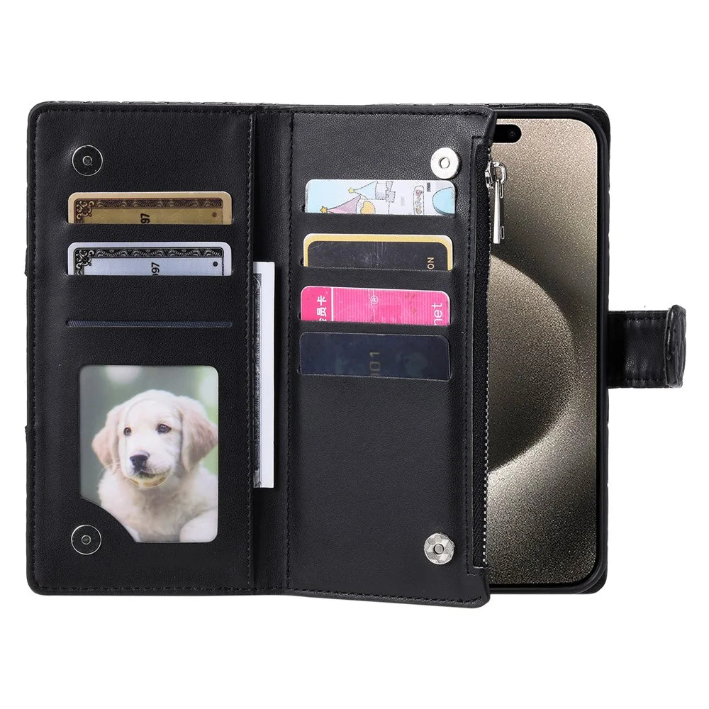 Style 012 for iPhone 14 Pro Case Rhombus Zipper Pocket PU Leather Stand Phone Cover - Black - 2