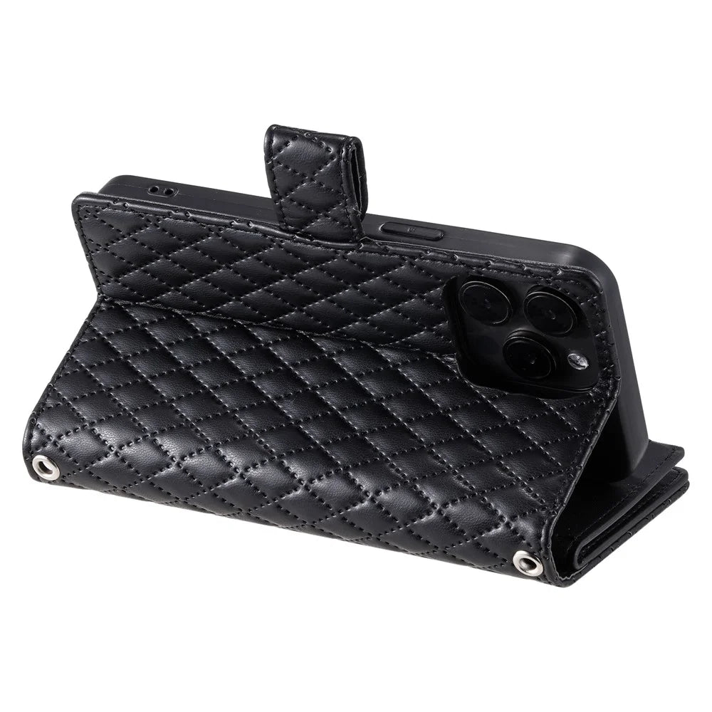 Style 012 for iPhone 14 Pro Case Rhombus Zipper Pocket PU Leather Stand Phone Cover - Black - 3