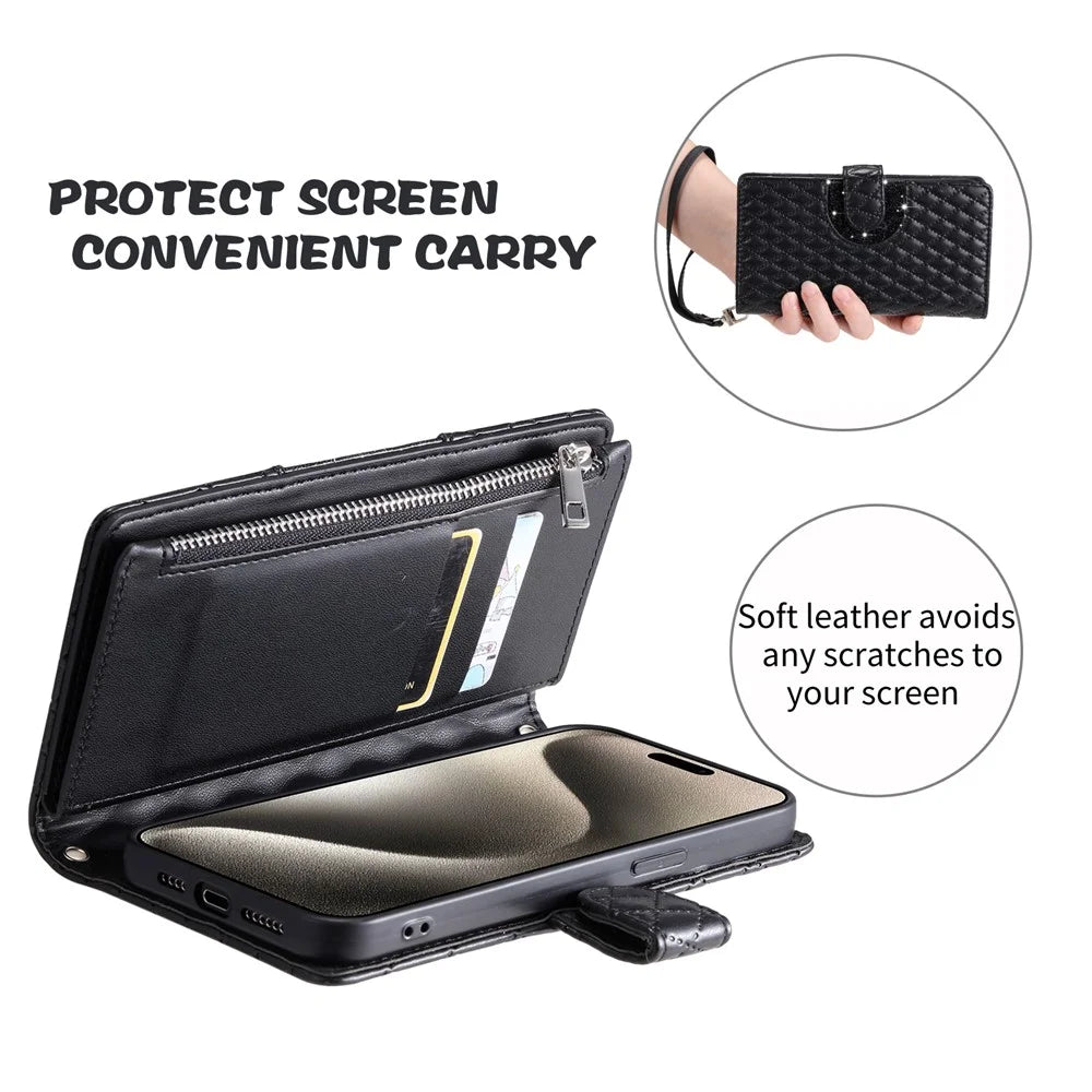 Style 012 for iPhone 14 Pro Case Rhombus Zipper Pocket PU Leather Stand Phone Cover - Black - 7