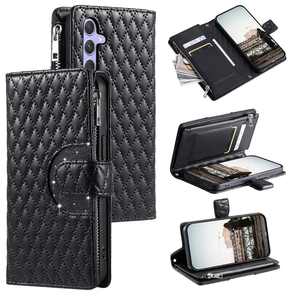 Style 012 for Samsung Galaxy A54 5G Case Rhombus Glitter Leather Zipper Wallet Phone Cover - Black - 1