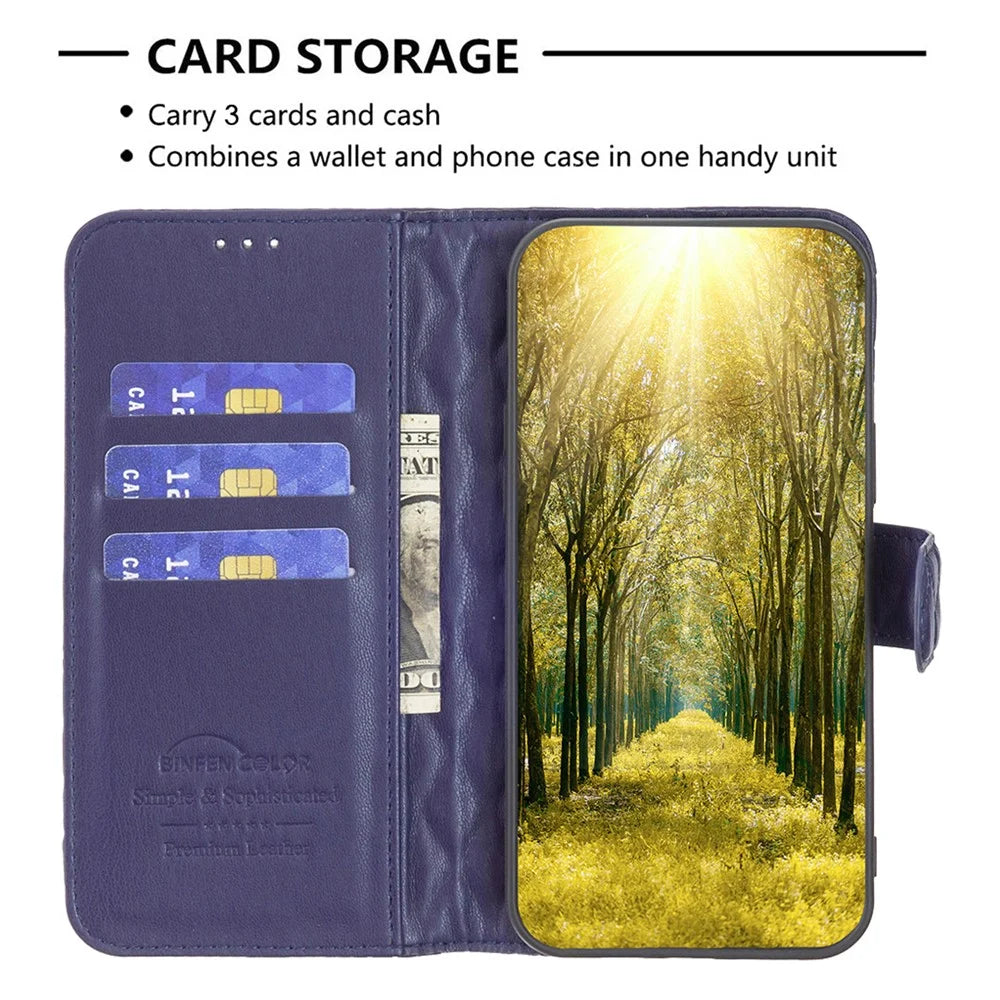 BINFEN COLOR BF Style-14 For TCL 50 SE Wallet Case Rhombus Grid PU Leather Phone Cover - Dark Blue - 3