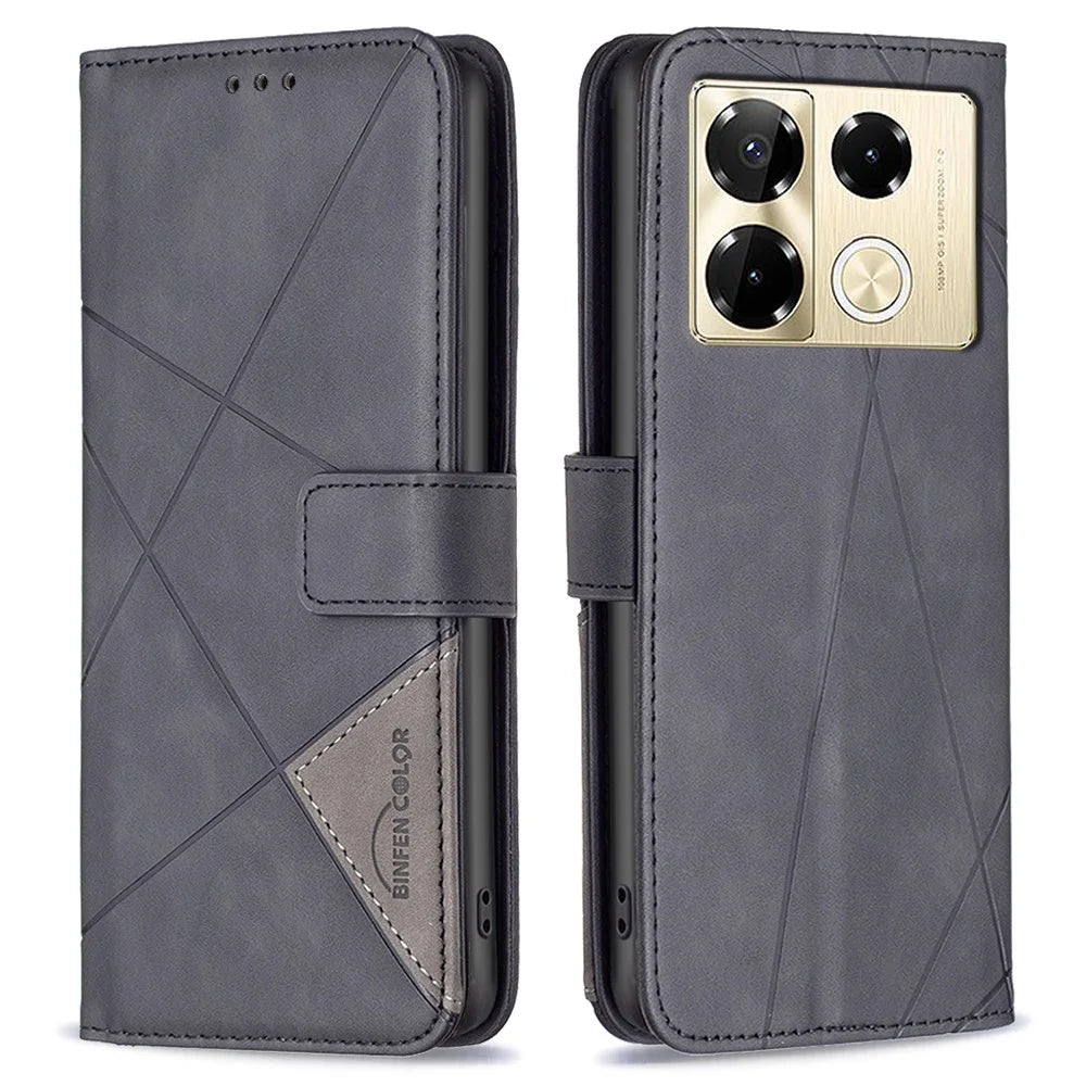 BINFEN COLOR For Infinix Note 40 Pro 4G / 5G / Note 40 Pro+ Phone Cases Wallet Stand Geometry Imprint Leather Cover - Black - 1