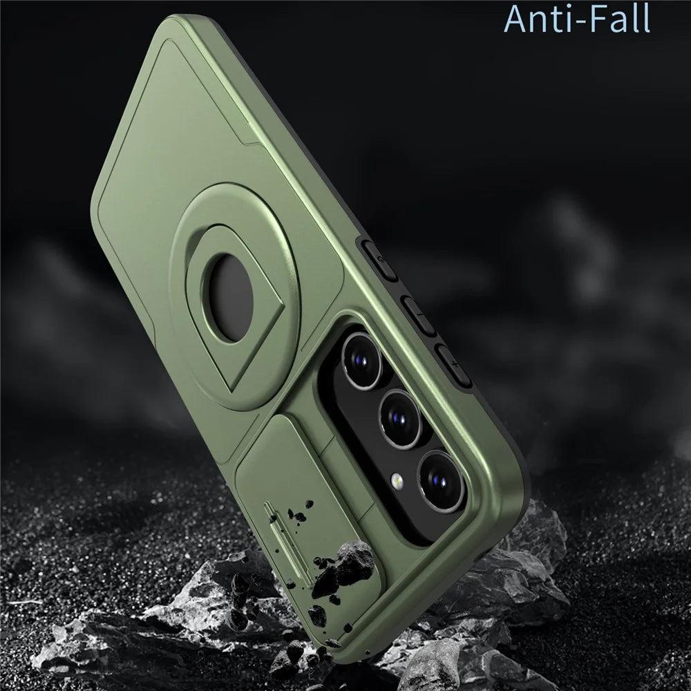 For Samsung Galaxy A55 5G Case Magnetic Kickstand TPU+PC Phone Cover with Slide Lens Lid - Green - 2