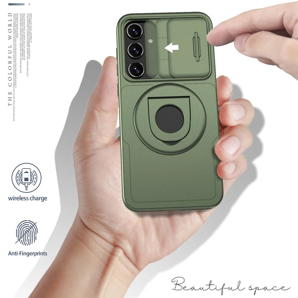 For Samsung Galaxy A55 5G Case Magnetic Kickstand TPU+PC Phone Cover with Slide Lens Lid - Green - 4