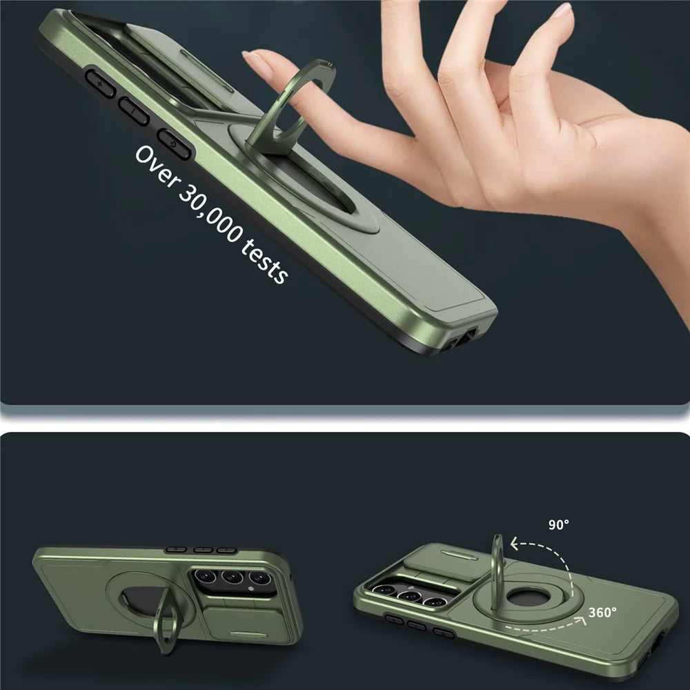 For Samsung Galaxy A55 5G Case Magnetic Kickstand TPU+PC Phone Cover with Slide Lens Lid - Green - 5