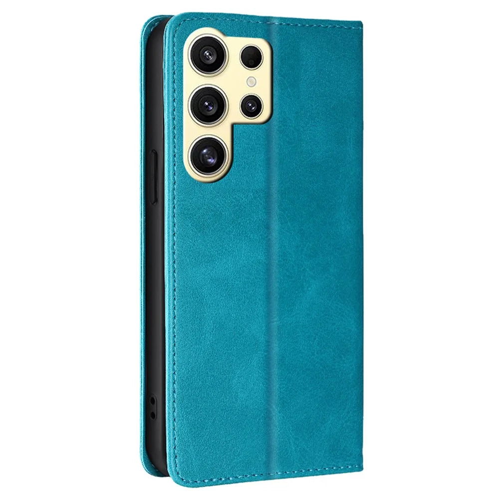 For Samsung Galaxy S24 Ultra Case Magnetic Closing Leather Calf Textured Phone Cover - Baby Blue - 6