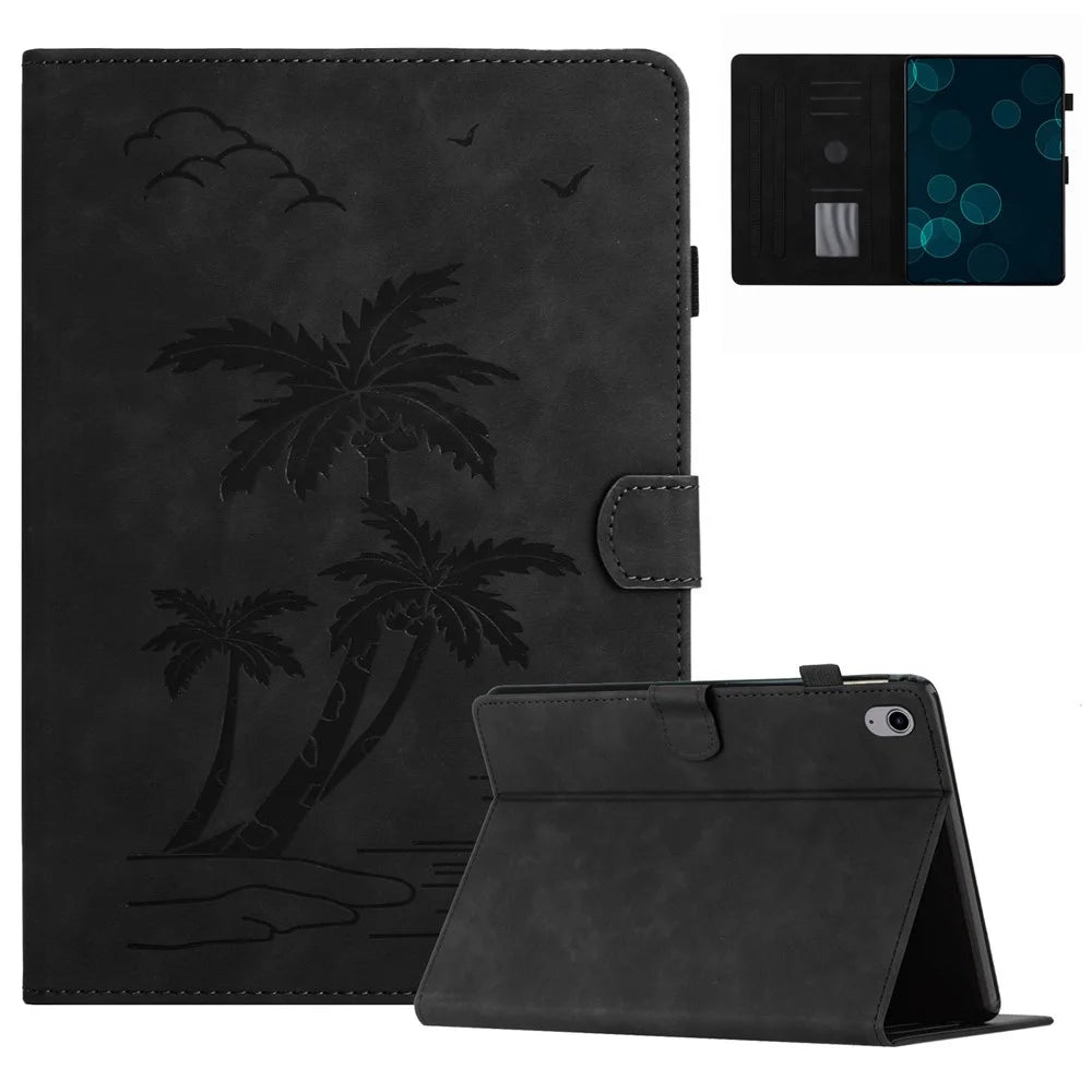 For iPad (2025) / 10.9 (2022) Stand Case Card Holder Coconut Tree Imprinted Leather Tablet Cover - Black - 1