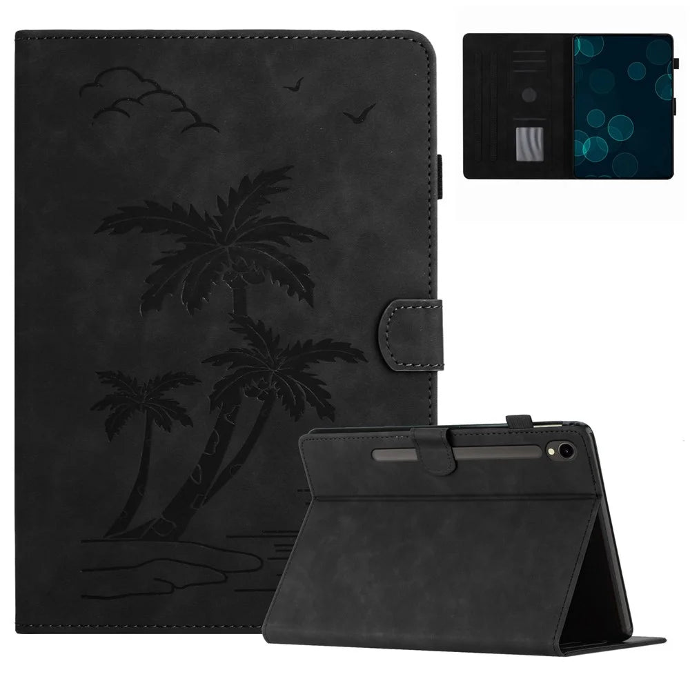 For Samsung Galaxy Tab S9 (X710 X716B X718U) / S10 FE / S9 FE (X510 / X516B) Card Holder Case Coconut Tree Imprinted Leather Tablet Cover - Black - 1