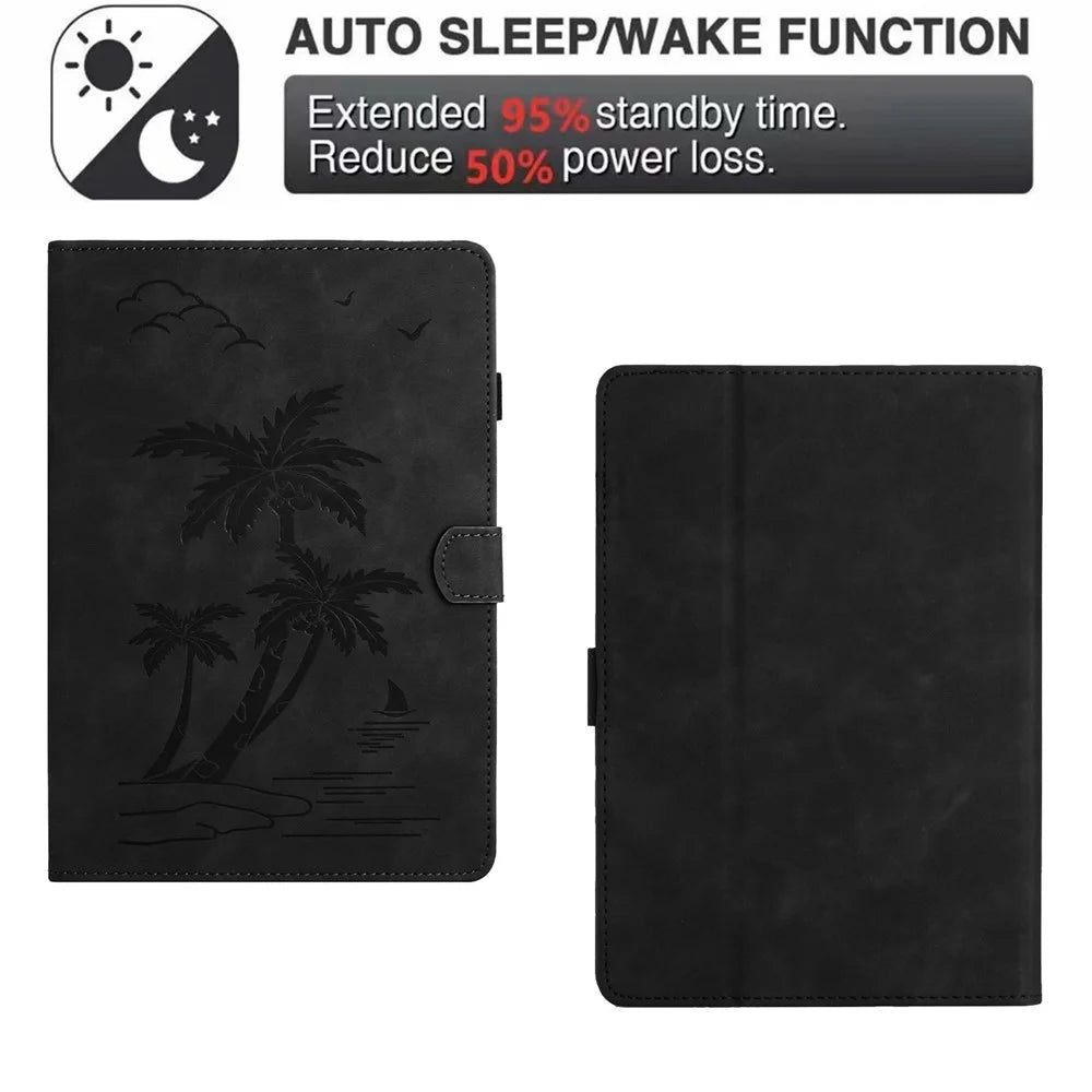 For Amazon Kindle Paperwhite 5 (2021) Case Card Holder Coconut Tree Imprinted Leather Cover - Black - 6