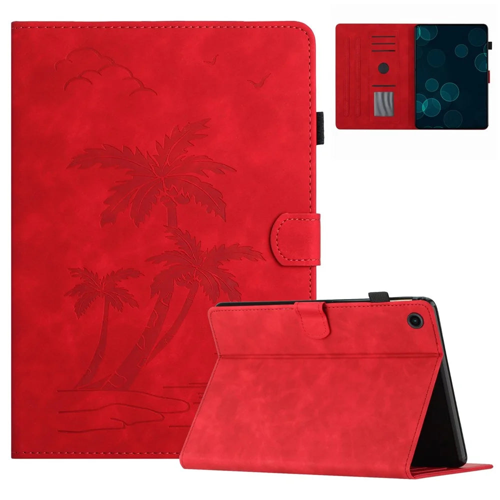 For Lenovo Tab M10 Plus (3rd Gen) Case Coconut Tree Imprinted PU Leather Folio Stand Smart Tablet Cover - Red - 1