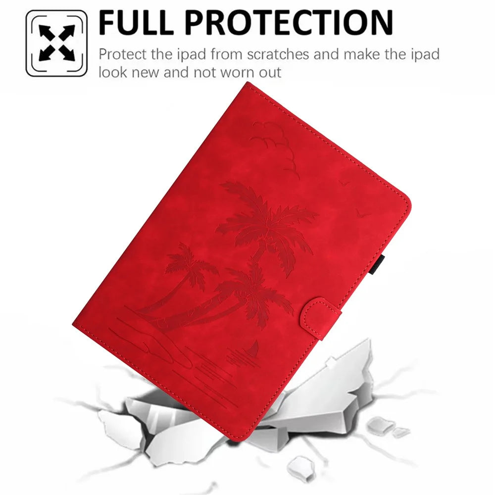 For Lenovo Tab M10 Plus (3rd Gen) Case Coconut Tree Imprinted PU Leather Folio Stand Smart Tablet Cover - Red - 7