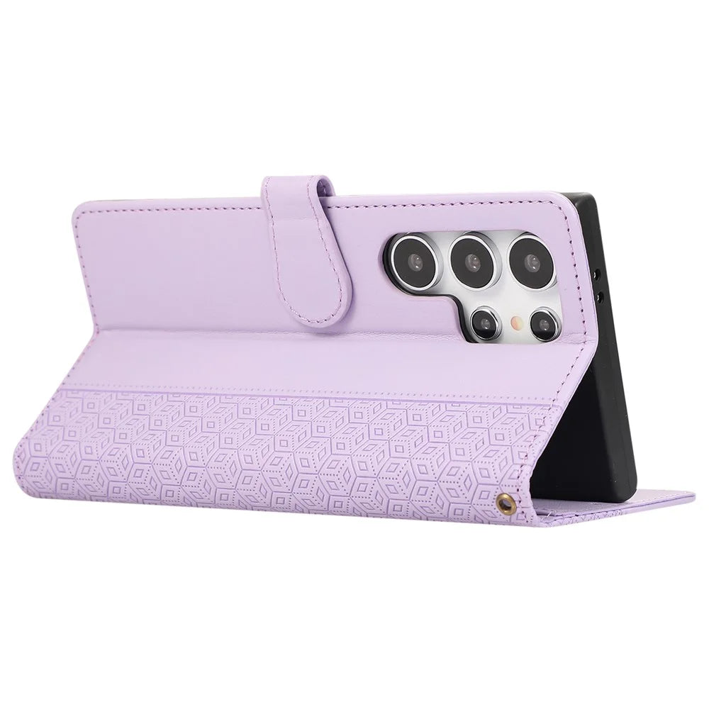 R20 for Samsung Galaxy S24 Ultra Leather Case Splicing Imprinted Rhombus Phone Wallet Cover - Purple - 4