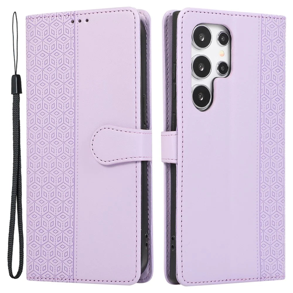 R20 for Samsung Galaxy S22 Ultra 5G Case Folio Stand Splicing Rhombus Phone Cover - Purple - 1