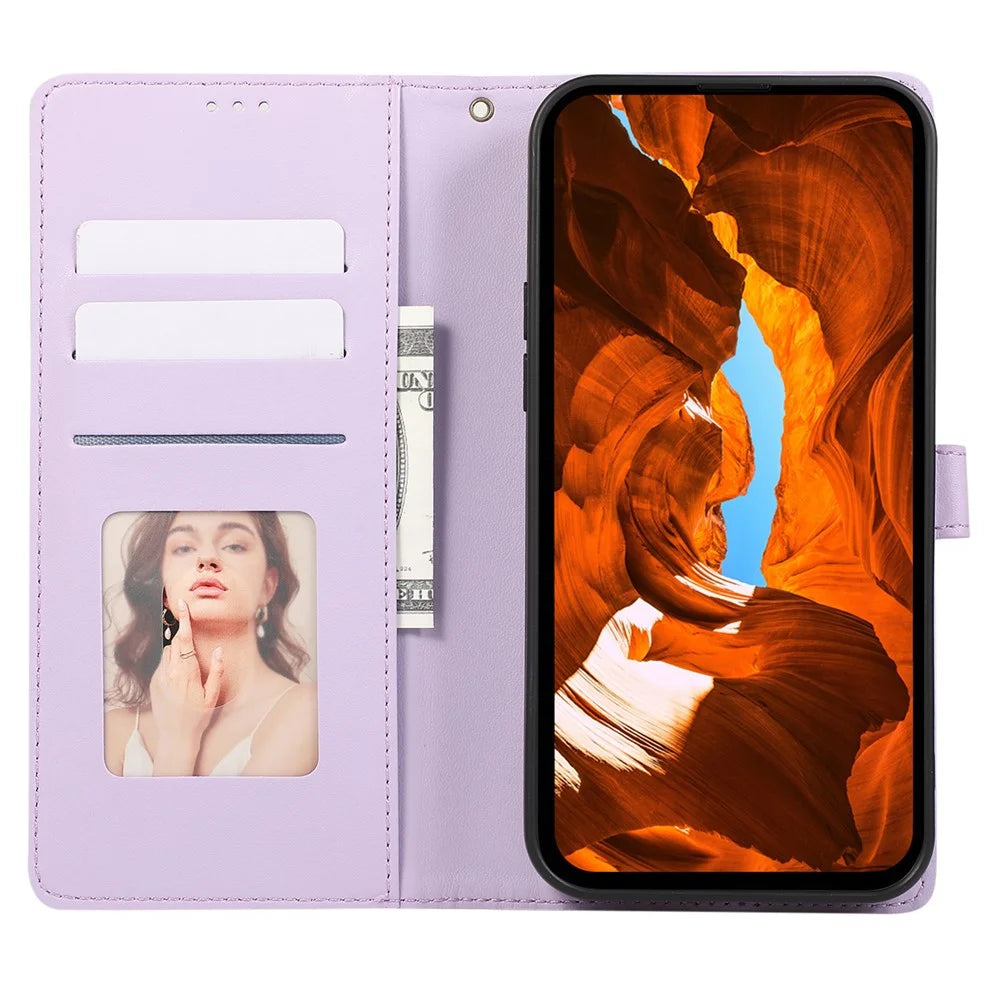 R20 for iPhone 14 Wallet Case Imprinted Rhombus Splicing PU Leather Flip Phone Cover - Purple - 2