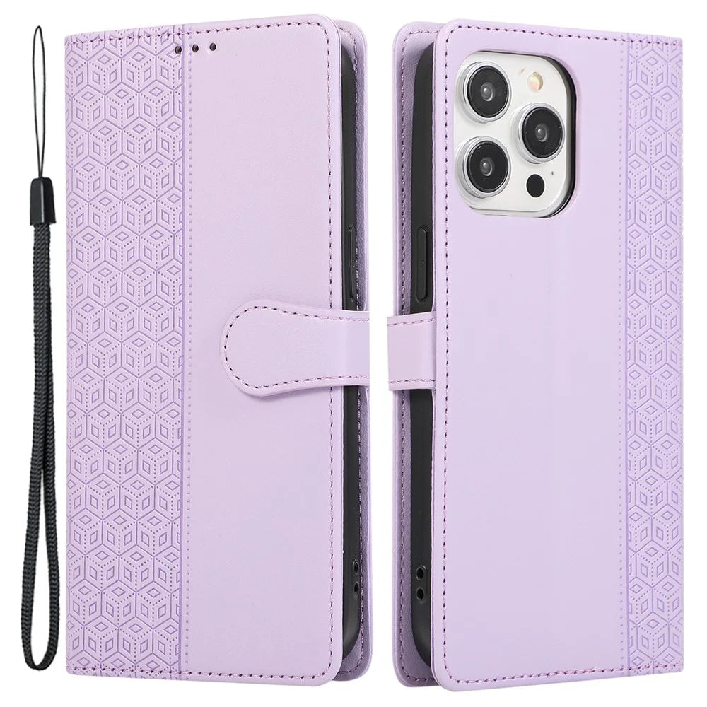 R20 for iPhone 12 / 12 Pro Case Folio PU Leather Splicing Rhombus Wallet Phone Cover - Purple - 1