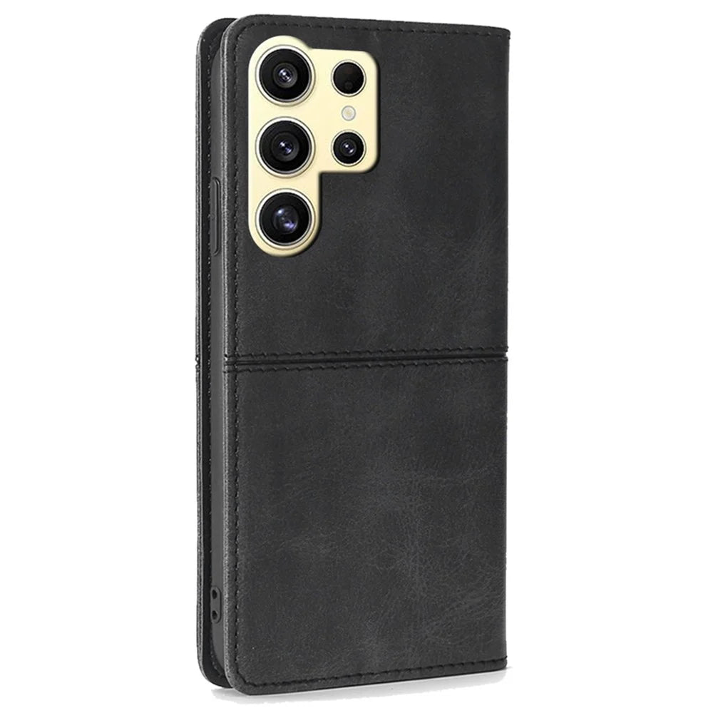 For Samsung Galaxy S24 Ultra Card Slots Phone Cover Cowhide Texture Phone Protective Case - Black - 7