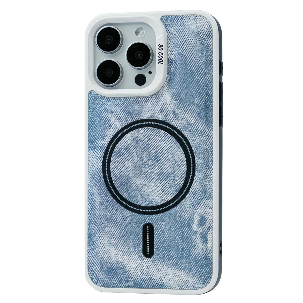 For iPhone 13 Pro Magnetic Case Denim Cloth Texture Leather Coated PC+TPU Phone Cover - Blue - 1